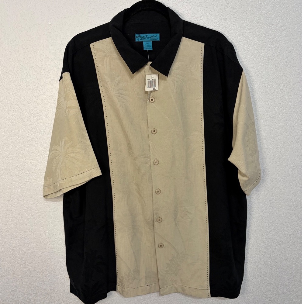 Paradise Blue Mens 100% Silk Camp Shirt XXL Black Tan Palm Tree Jacquard